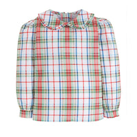 classic childrens clothing girls blouse in green and red stripe with ruffled peter pan collar