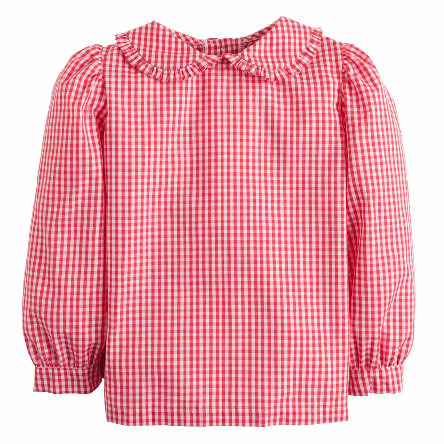 Little English classic girl's clothing, red gingham ruffled peter pan long sleeve blouse