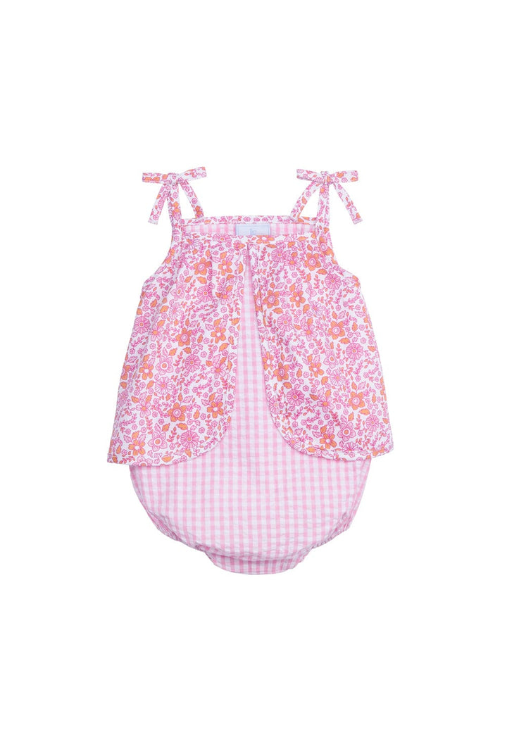classic childrens clothing girls pink and orange sunsuit with orange and pink floral pattern and bows on straps