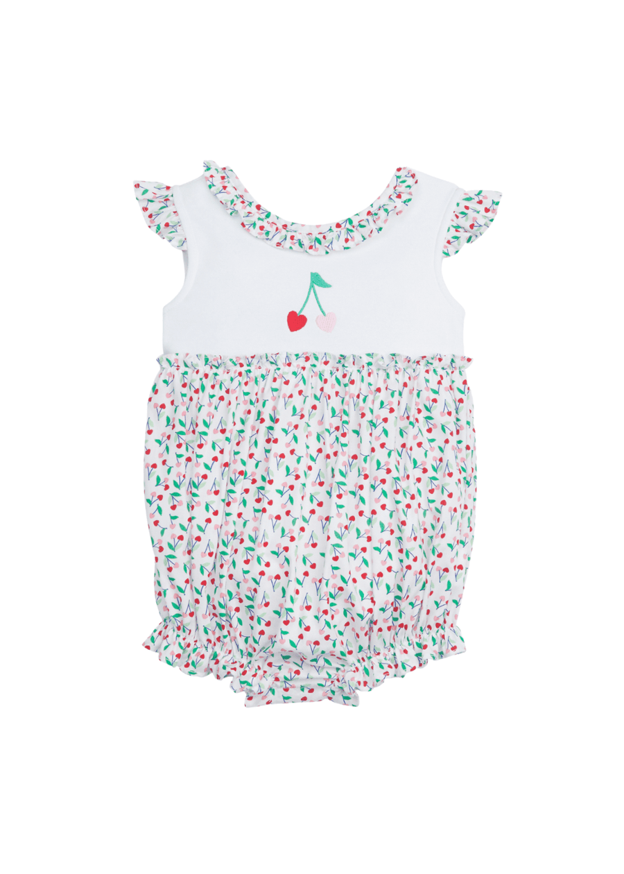 Little English baby girl's bubble with cherry heart embroidery at the chest