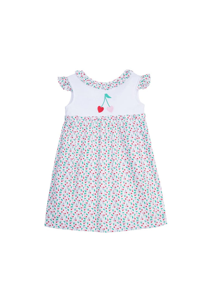 classic childrens clothing girls pink and red cherry heart print dress with ruffles and neck and sleeves and applique cherry hearts