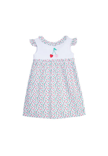 classic childrens clothing girls pink and red cherry heart print dress with ruffles and neck and sleeves and applique cherry hearts