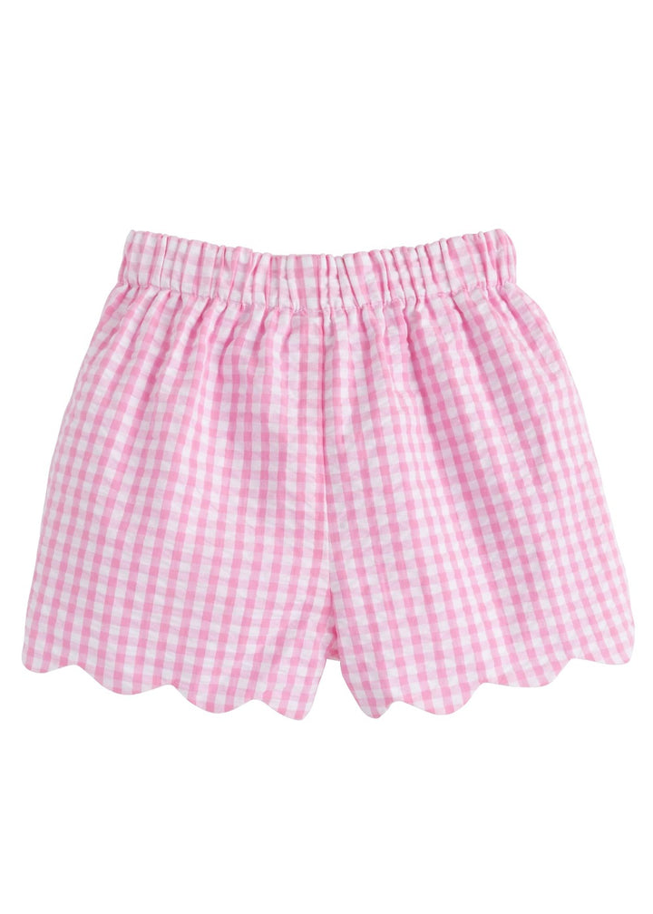 Little English girl's pink seersucker scallop shorts