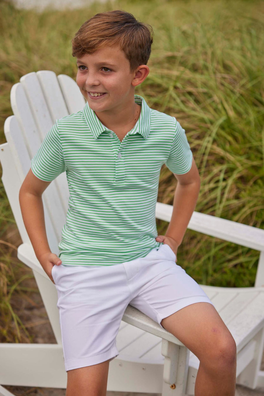 Little English boy's green striped knit short sleeve polo