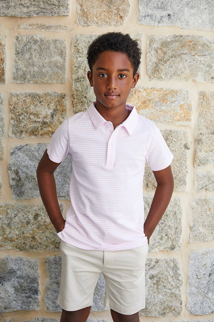 Traditional Little English short sleeve striped polo in pink