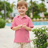 Little English classic boy's polo for spring, traditional short sleeve soft cotton polo in red stripe with pebble twill basic short