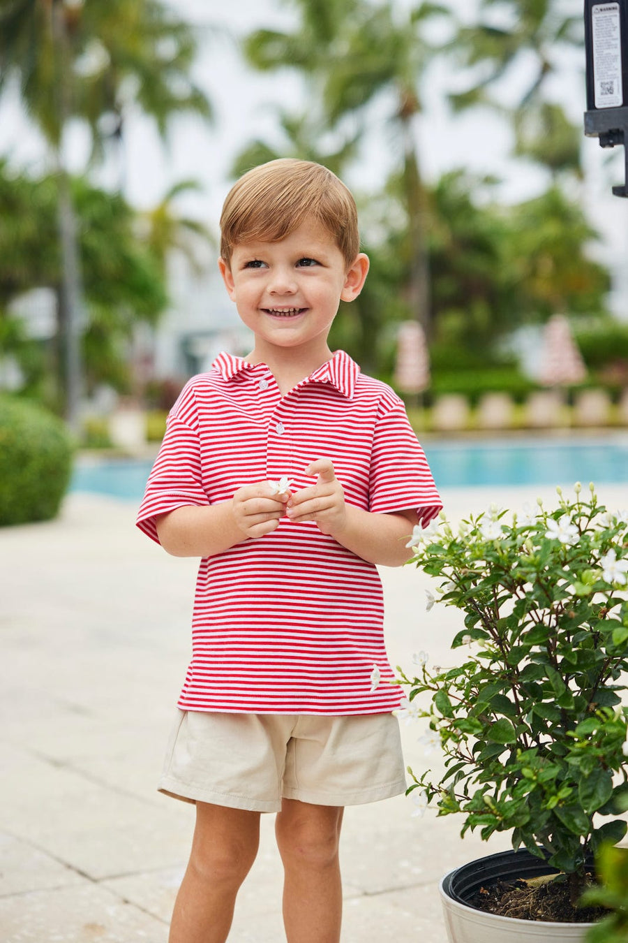 Little English classic boy's polo for spring, traditional short sleeve soft cotton polo in red stripe with pebble twill basic short
