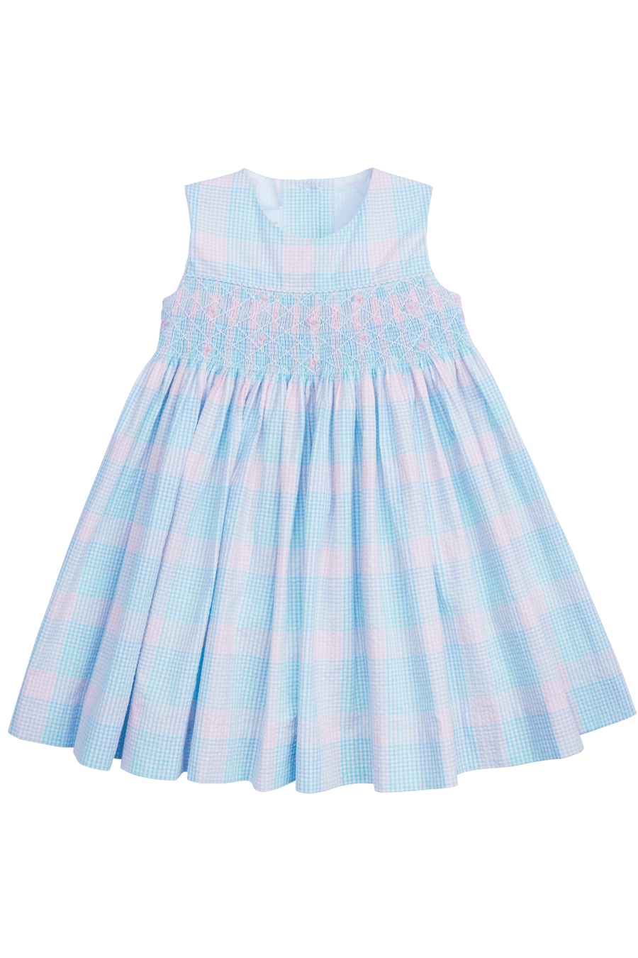 classic childrens clothing girls dress in pink and blue plaid with blue smocking detail