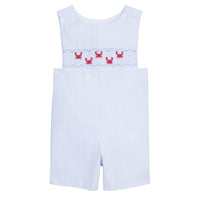 classic childrens clothing boys shortall in light blue with smocking detail and embroidered crabs