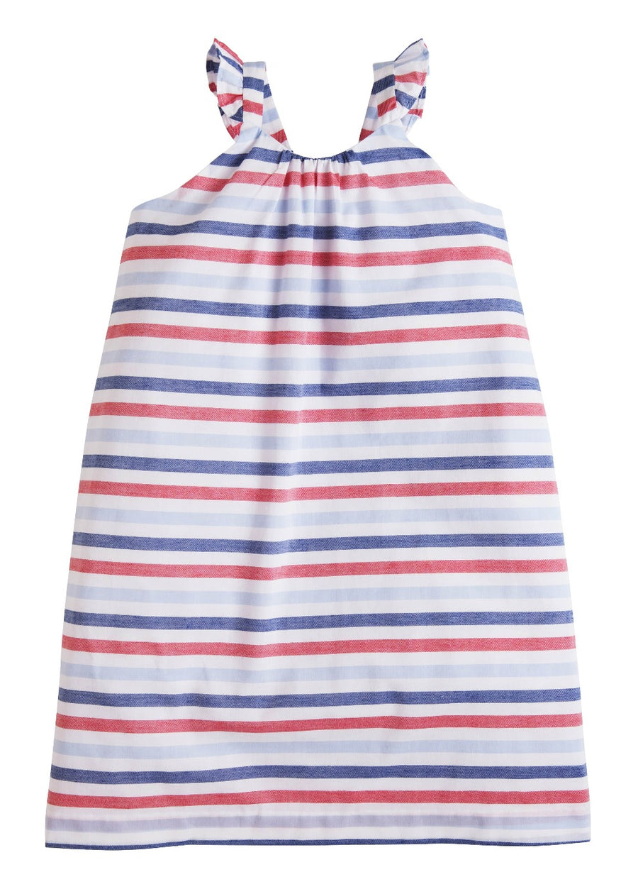 little english traditional sunny dress in red white and blue striped dress and ruffled straps 