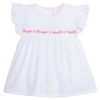 classic childrens clothing girls day shirt with ruffle sleeves and pink and orange embroidery