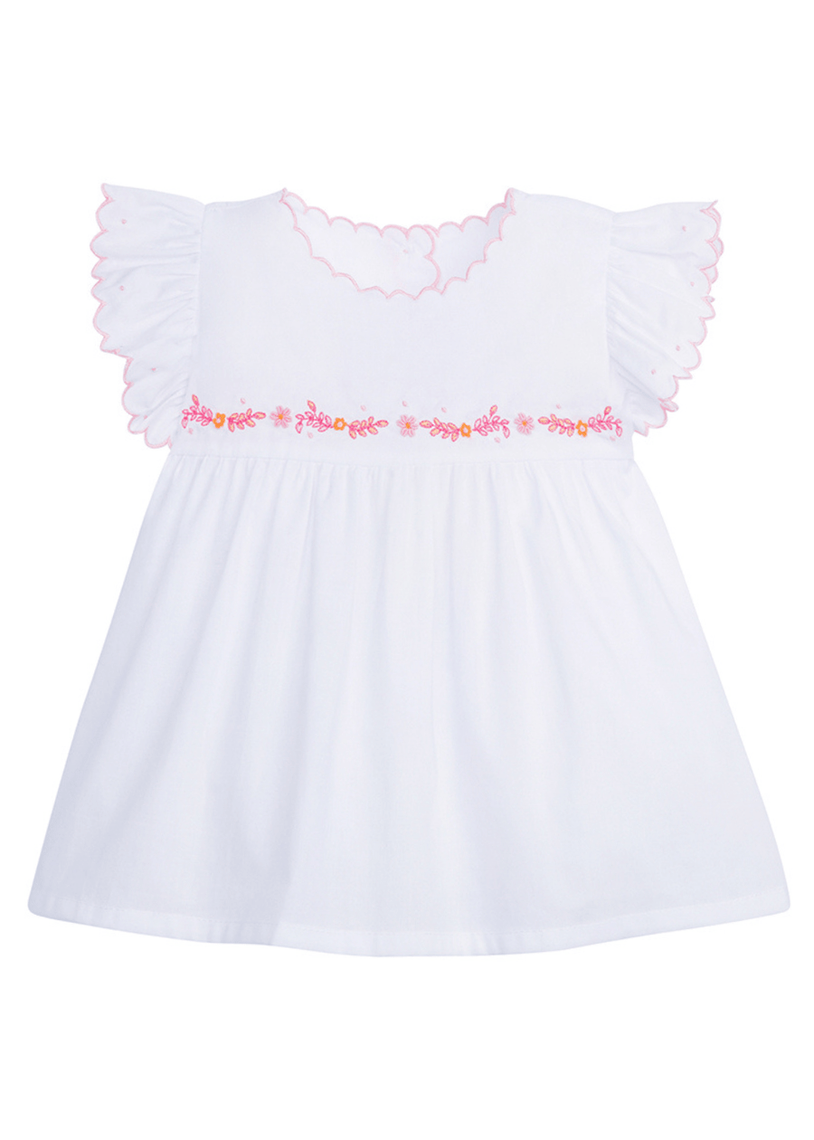 classic childrens clothing girls day shirt with ruffle sleeves and pink and orange embroidery