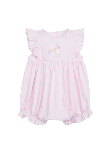 classic childrens clothing girls pink bubble with ruffle sleeves and embroidered bunny