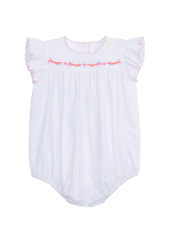 classic childrens clothing girls bubble with ruffle sleeves and pink and orange embroidery