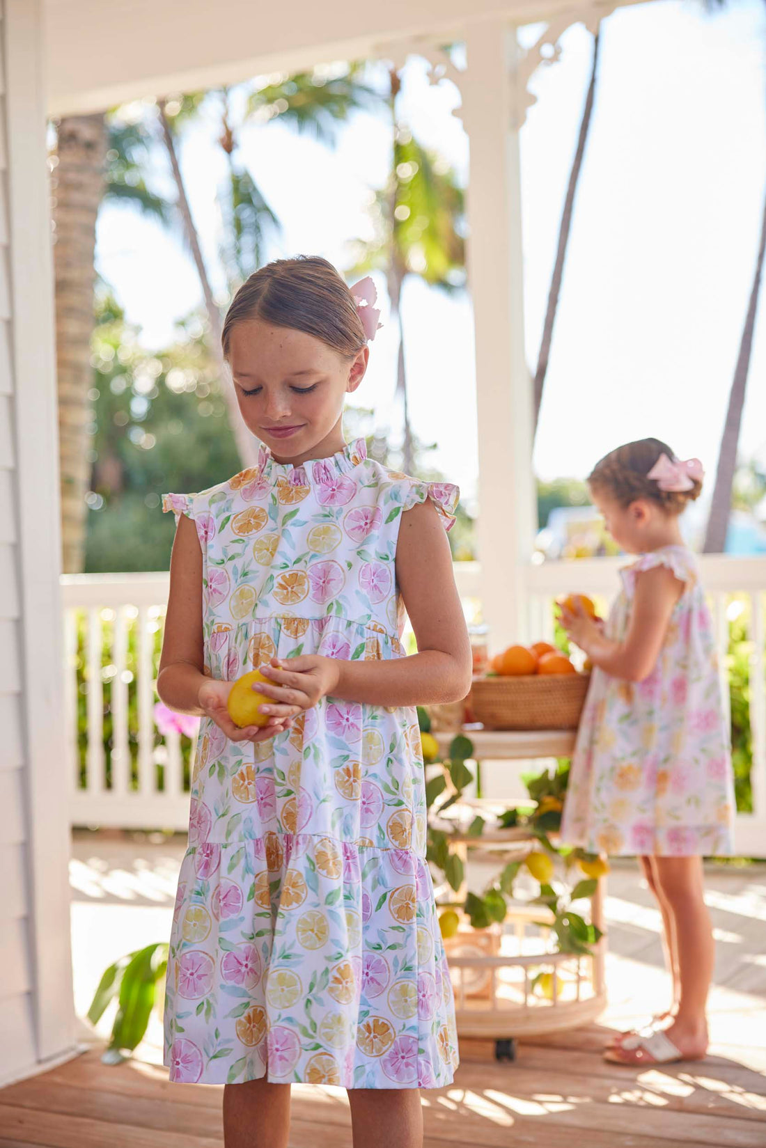 classic childrens clothing girls dress with ruffled collar and sleeves in citrus print