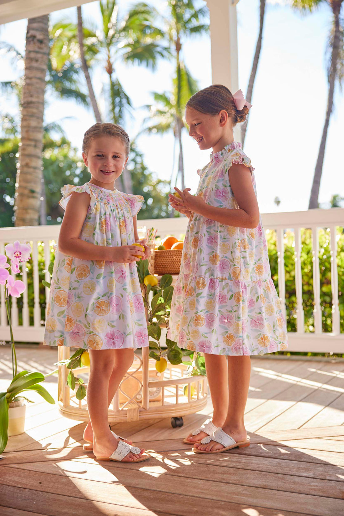 classic childrens clothing girls dress with ruffled collar and sleeves in citrus print