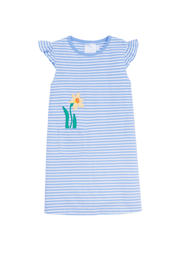 classic childrens clothing girls dress with angel sleeves and daffodil applique in blue and white stripes