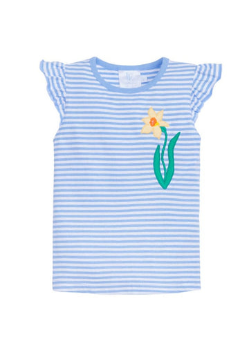 classic childrens clothing girls tank in blue and white stripes with daffodil applique