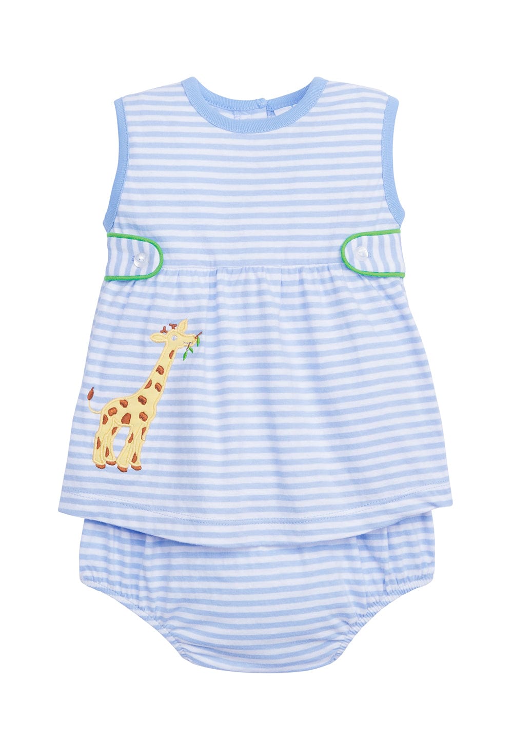 Little English baby boy diaper set, light blue knit two piece set with giraffe applique