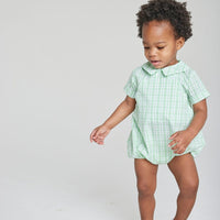 Little English baby boy's green plaid bubble for spring