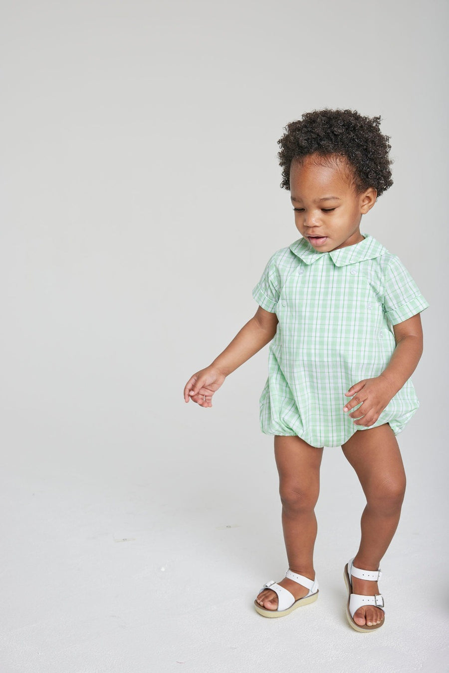 Little English baby boy's green plaid bubble for spring