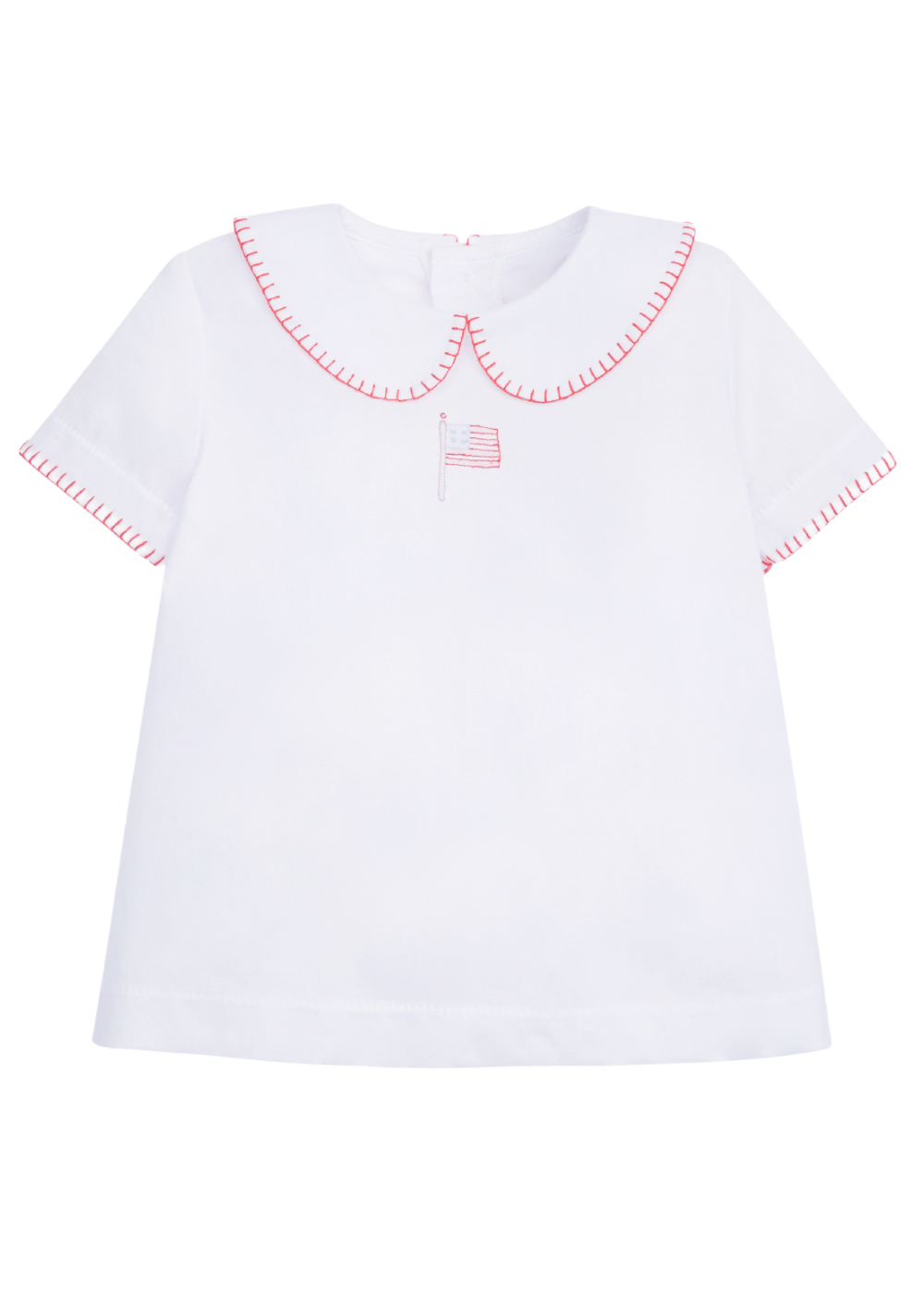 classic childrens clothing boys shirt with peter pan collar, whipstitch detail, and flag embroidery