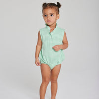 Little English baby girl's green striped knit bubble with ruffled collar