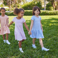 Little English girls striped knit t-shirt dresses for spring